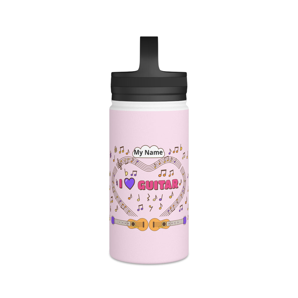 Music-themed Stainless Steel Water Bottle, Handle Lid: 'I love guitar' - pink