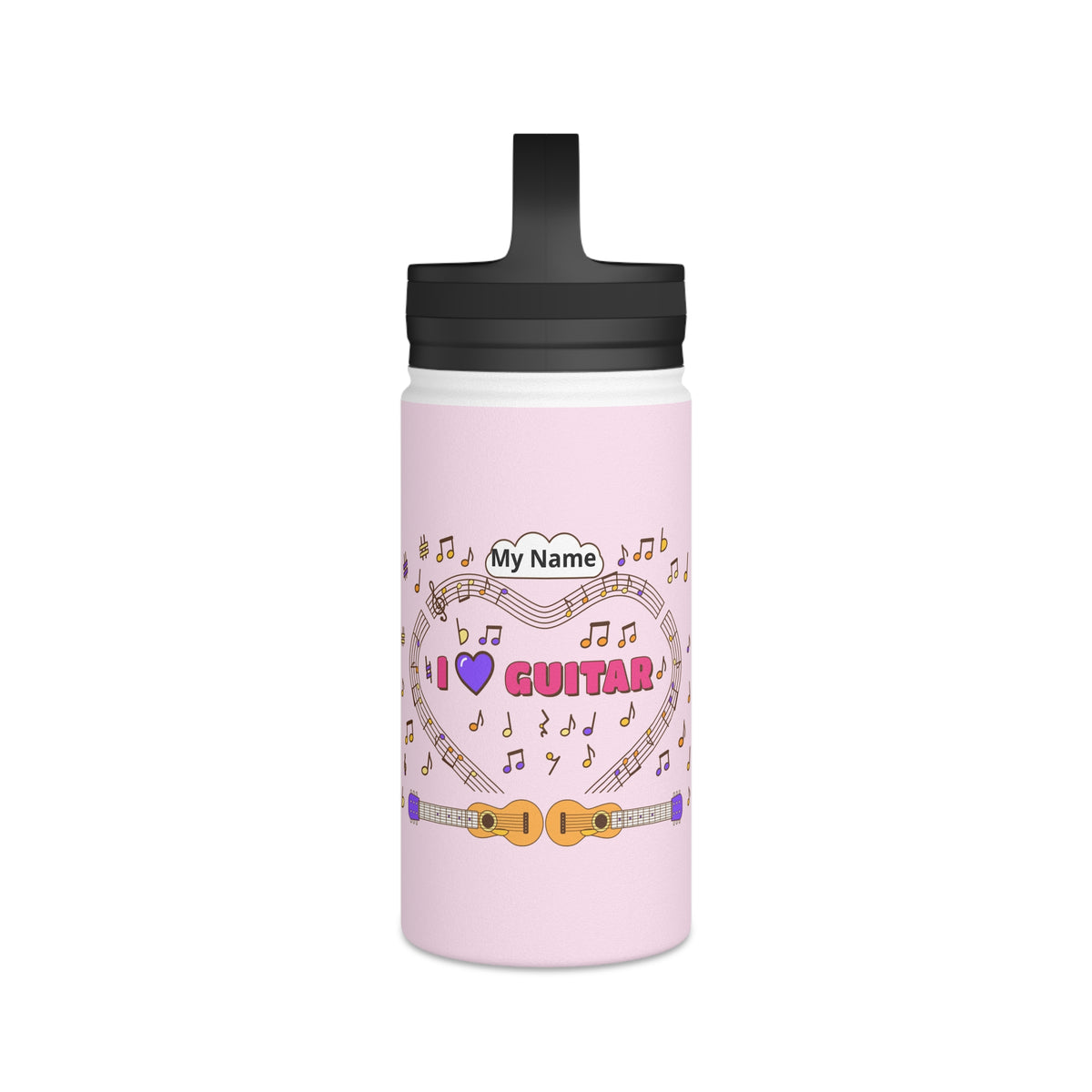 Music-themed Stainless Steel Water Bottle, Handle Lid: 'I love guitar' - pink