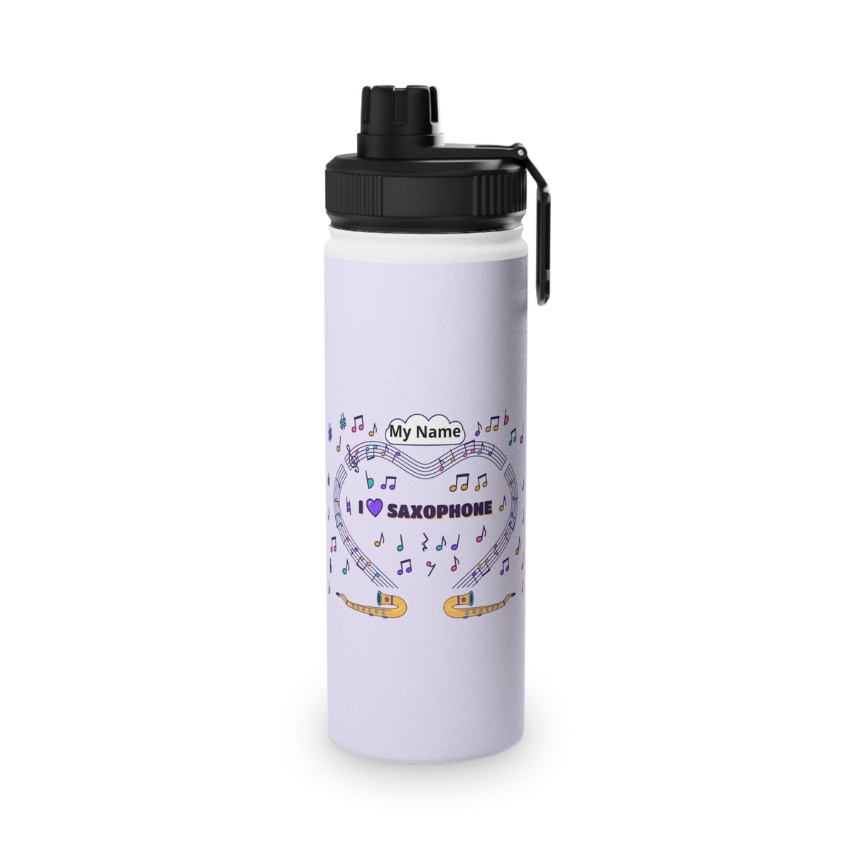 Music-themed Stainless Steel Water Bottle, Sports Lid: 'I love saxophone' - violet