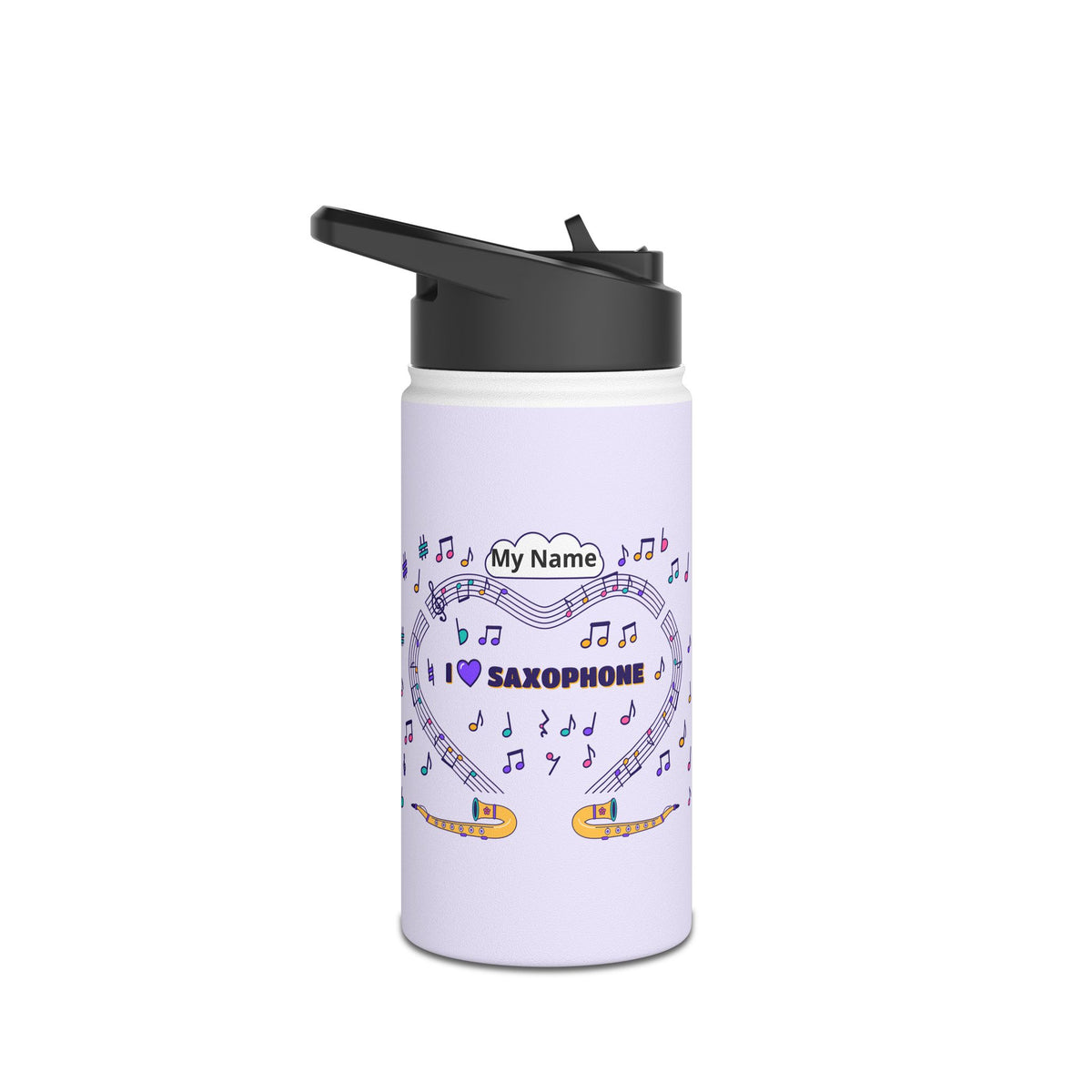 Music-themed Stainless Steel Water Bottle, Standard Lid: 'I love saxophone' - violet