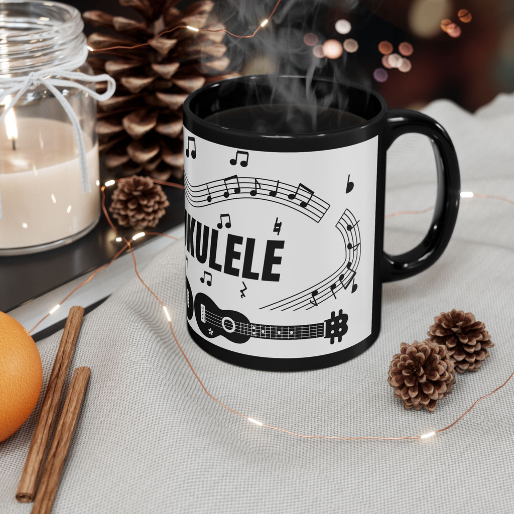 Music-themed Black Mug (11oz, 15oz): 'I love ukulele' - black on white