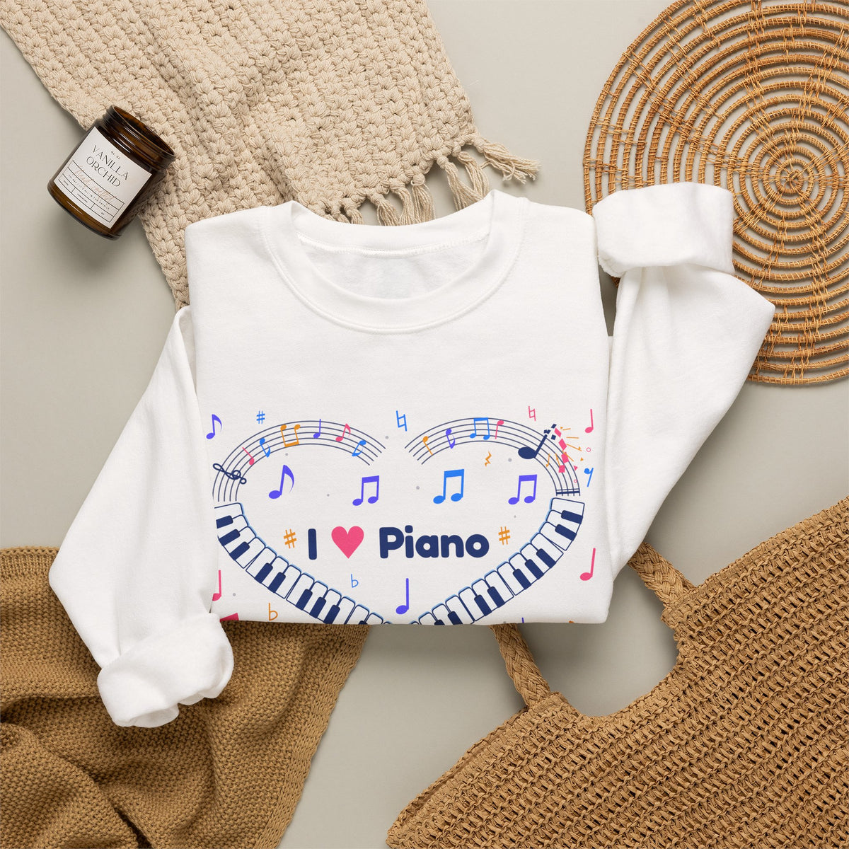 Music-themed Unisex Heavy Blend Crewneck Sweatshirt: 'I love piano' heart - blue