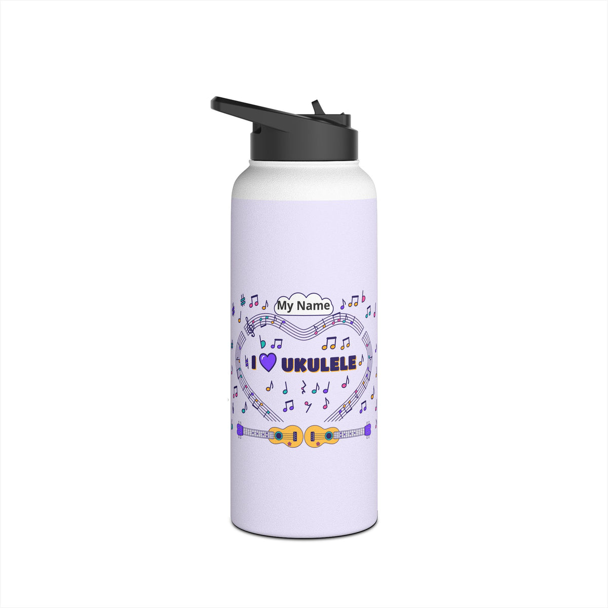 Music-themed Stainless Steel Water Bottle, Standard Lid: 'I love ukulele' - violet