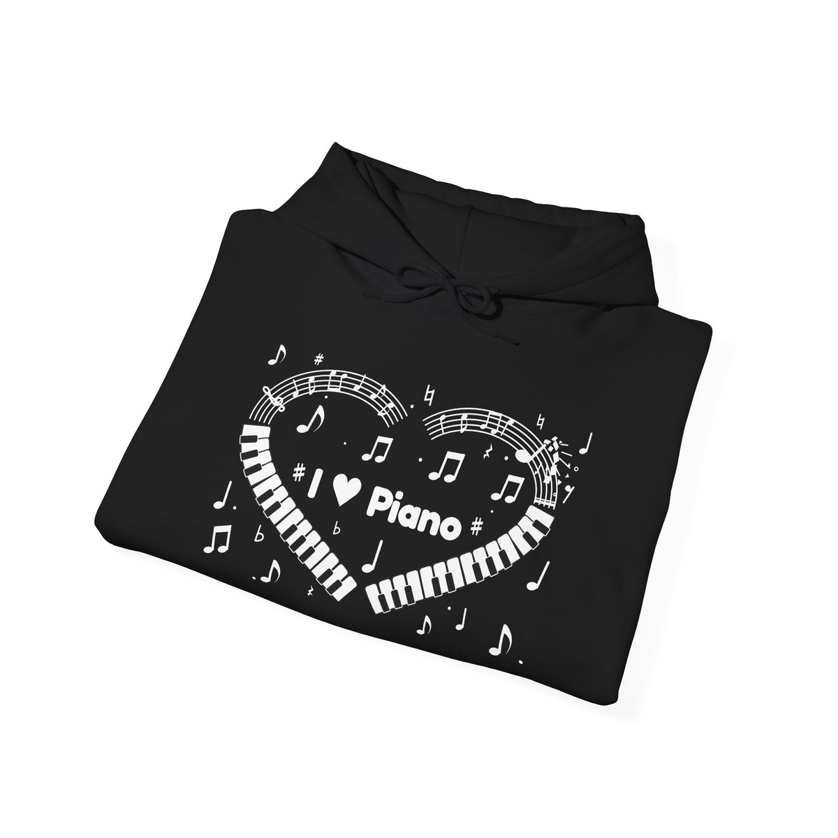 Music-themed Unisex Heavy Blend Hooded Sweatshirt: 'I love piano' heart - black & white