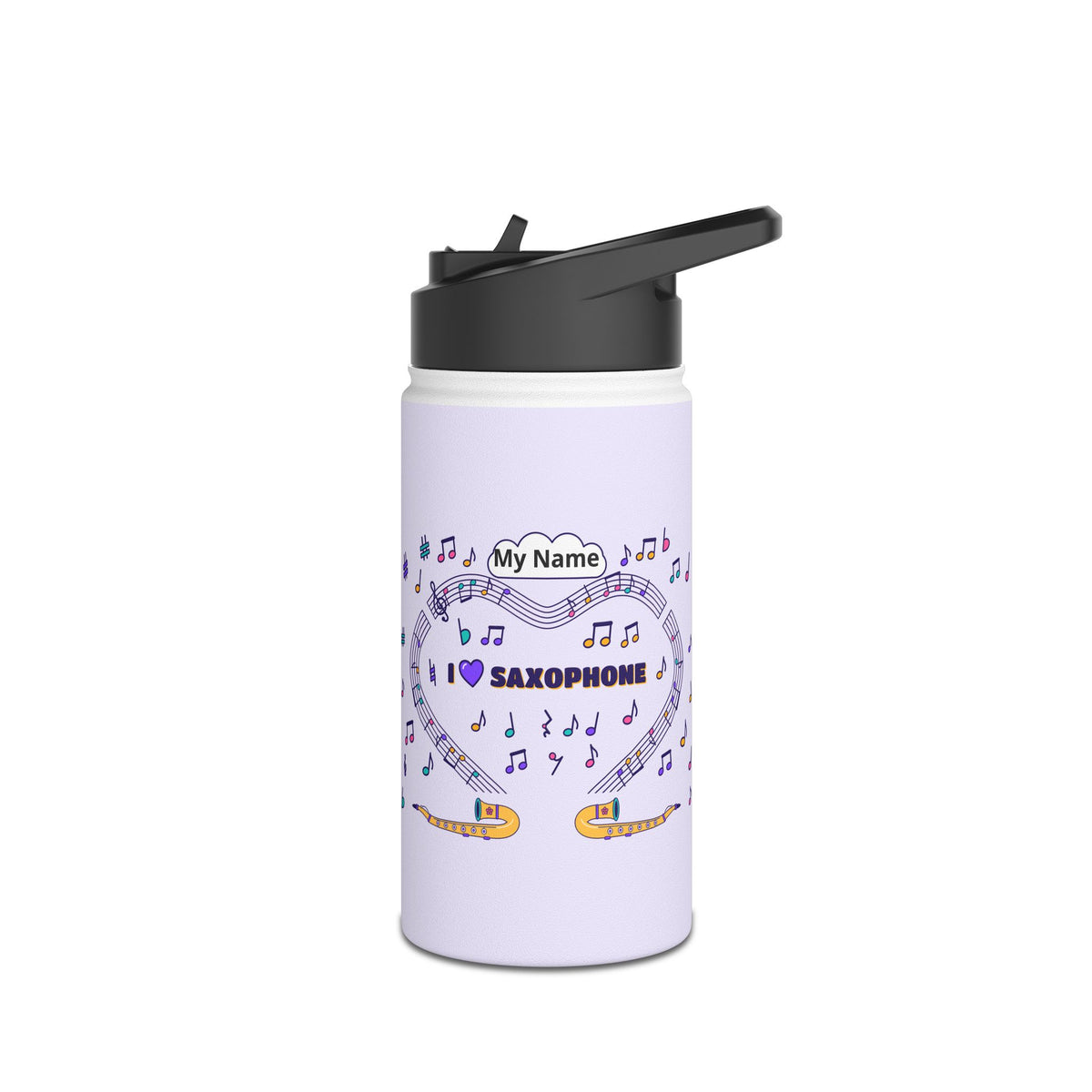 Music-themed Stainless Steel Water Bottle, Standard Lid: 'I love saxophone' - violet