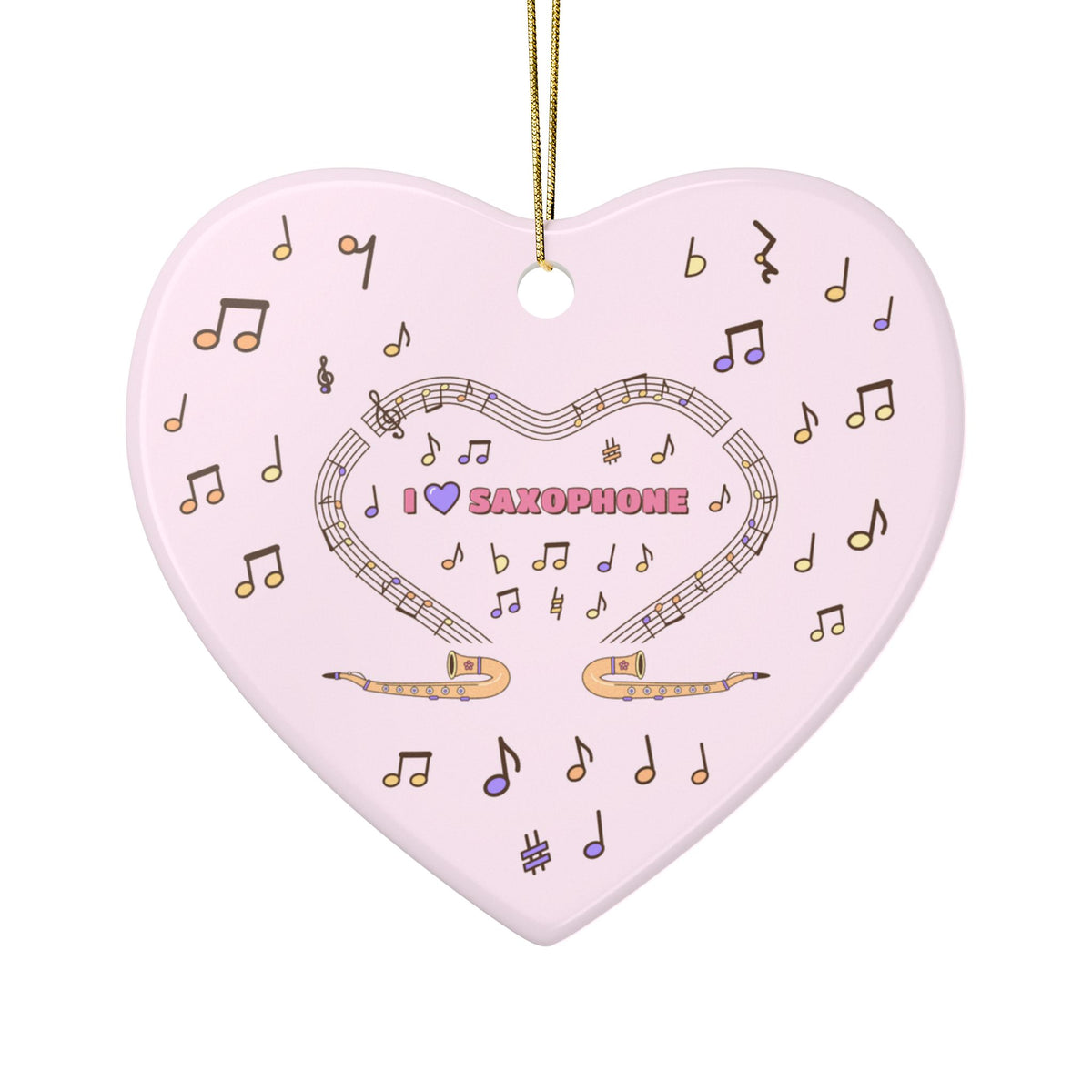 Music-themed Ceramic Ornaments, 2-Side Print: 'I love saxophone' - pink