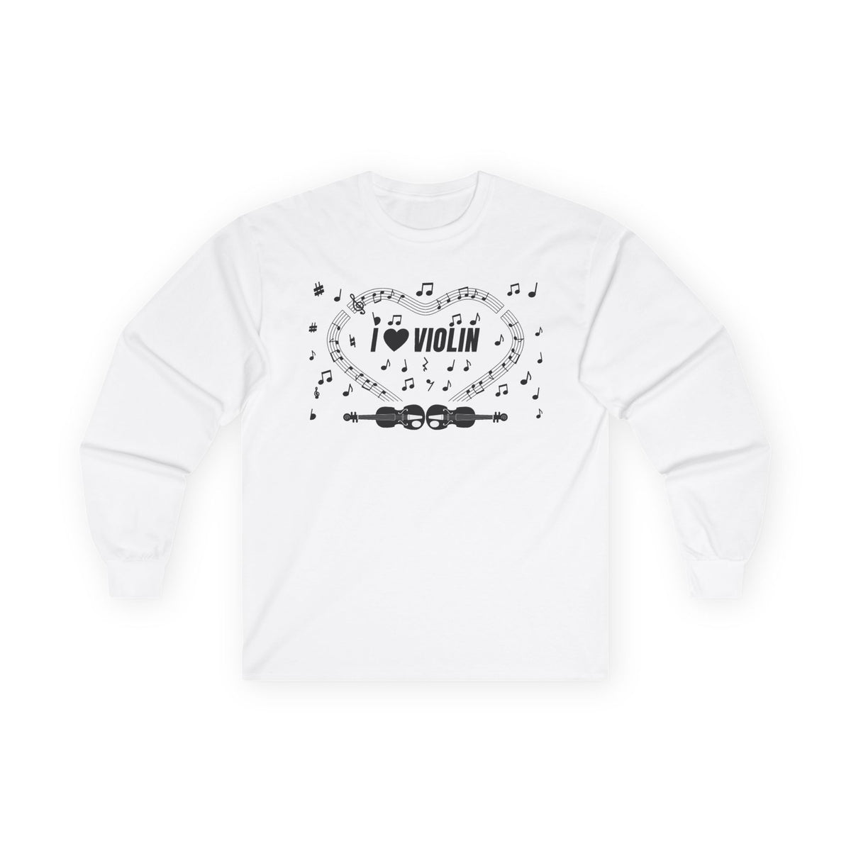 Music-themed Unisex Ultra Cotton Long Sleeve Tee: 'I love violin' - black on white