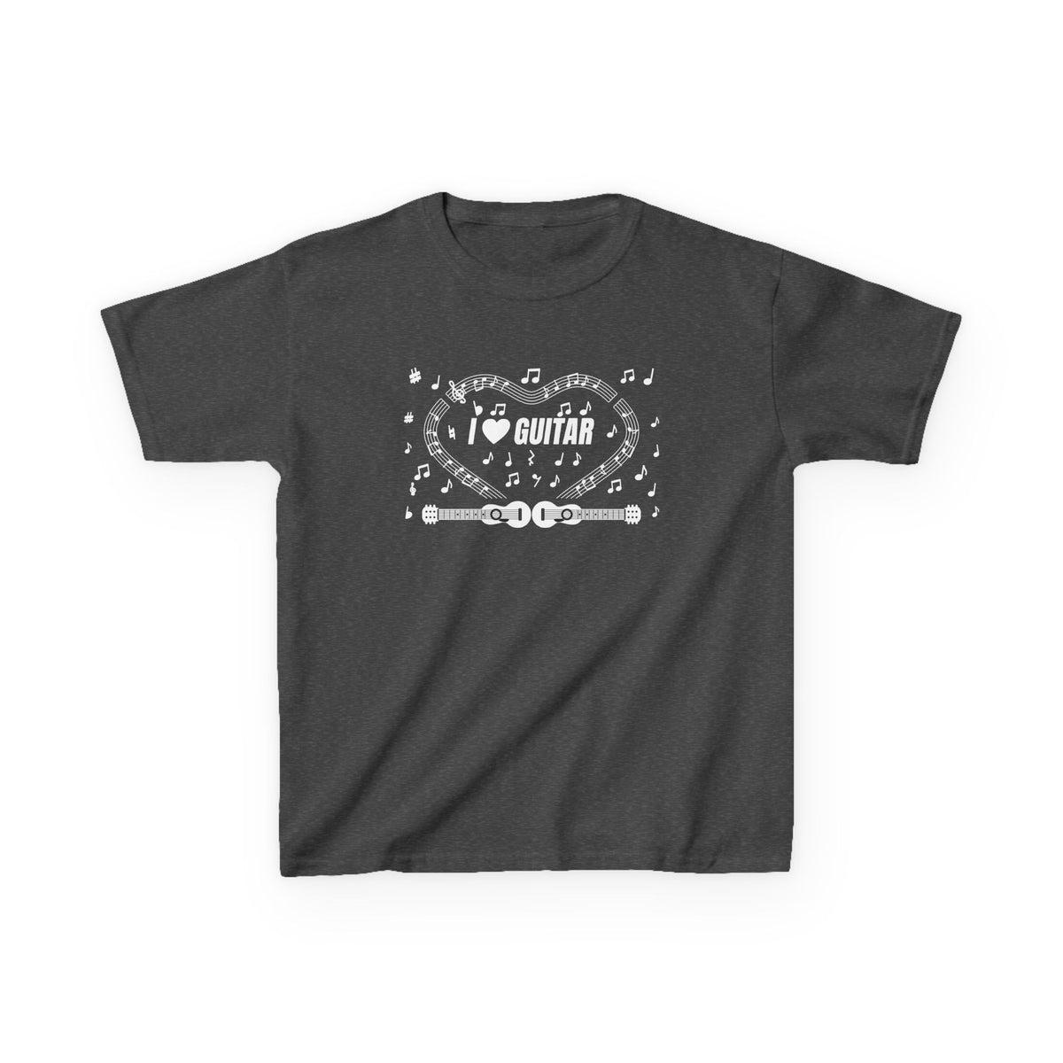 Music-themed Kids Heavy Cotton Tee: 'I love guitar' - black & white