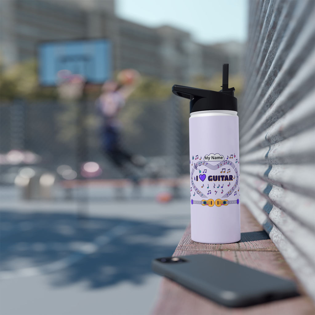 Music-themed Stainless Steel Water Bottle, Standard Lid: 'I love guitar' - violet
