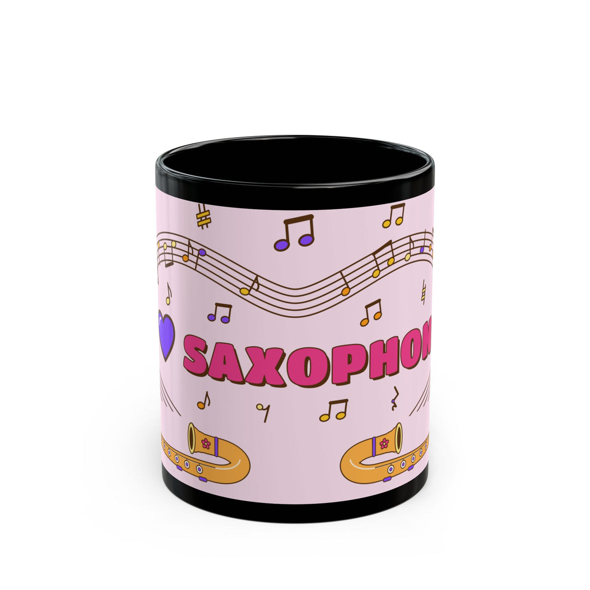 Music-themed Black Mug (11oz, 15oz): 'I love saxophone' - pink