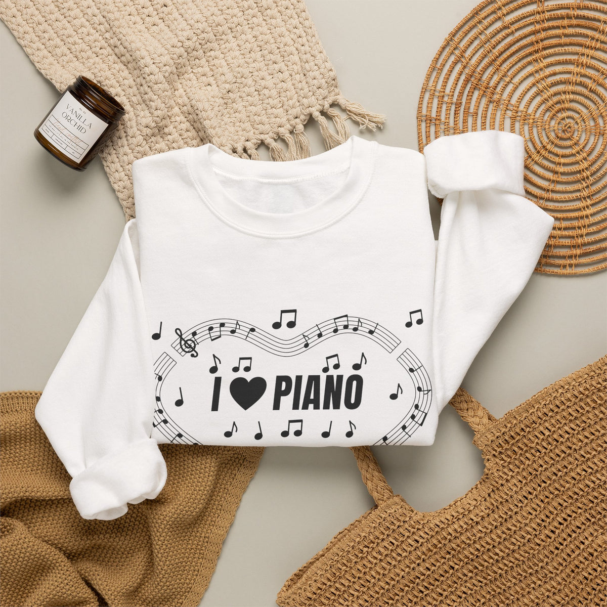 Music-themed Unisex Heavy Blend Crewneck Sweatshirt: 'I love piano' - black on white