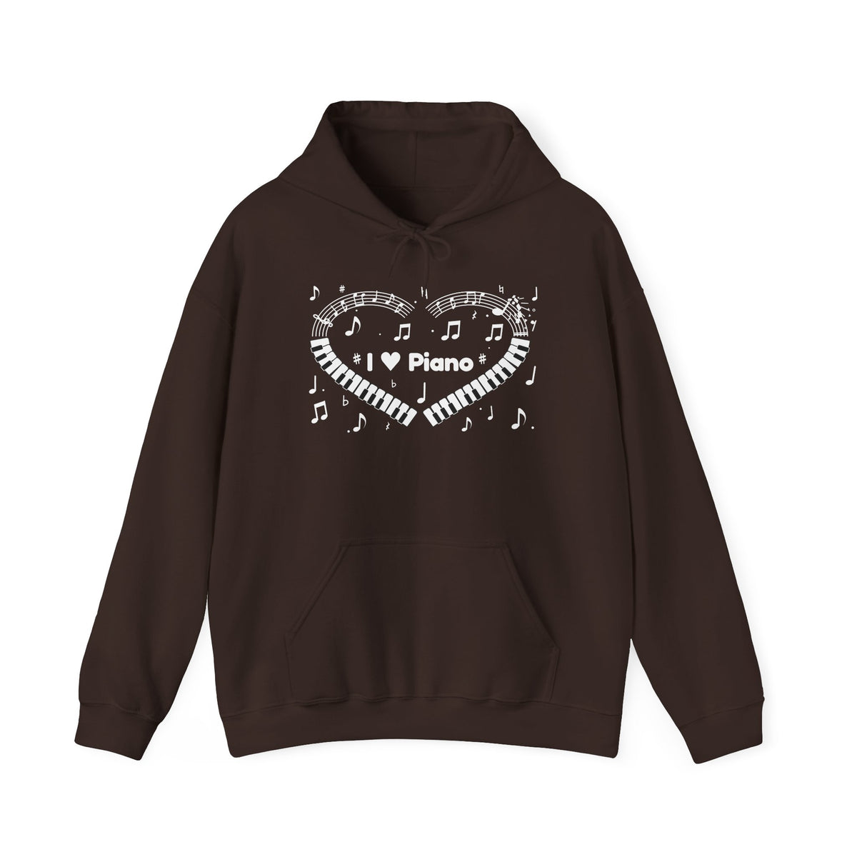 Music-themed Unisex Heavy Blend Hooded Sweatshirt: 'I love piano' heart - black & white
