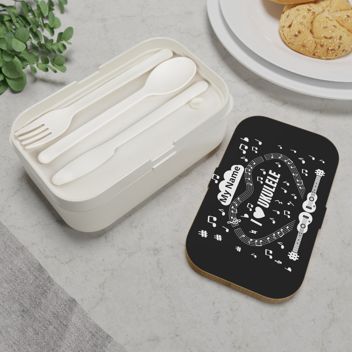 Music-themed Bento Lunch Box: 'I love ukulele' - black & white
