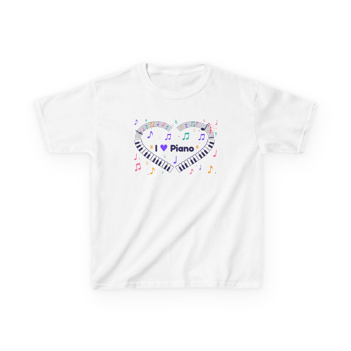 Music-themed Kids Heavy Cotton Tee: 'I love piano' heart - violet