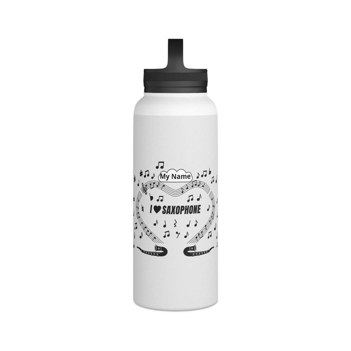 Music-themed Stainless Steel Water Bottle, Handle Lid: 'I love saxophone' - black on white