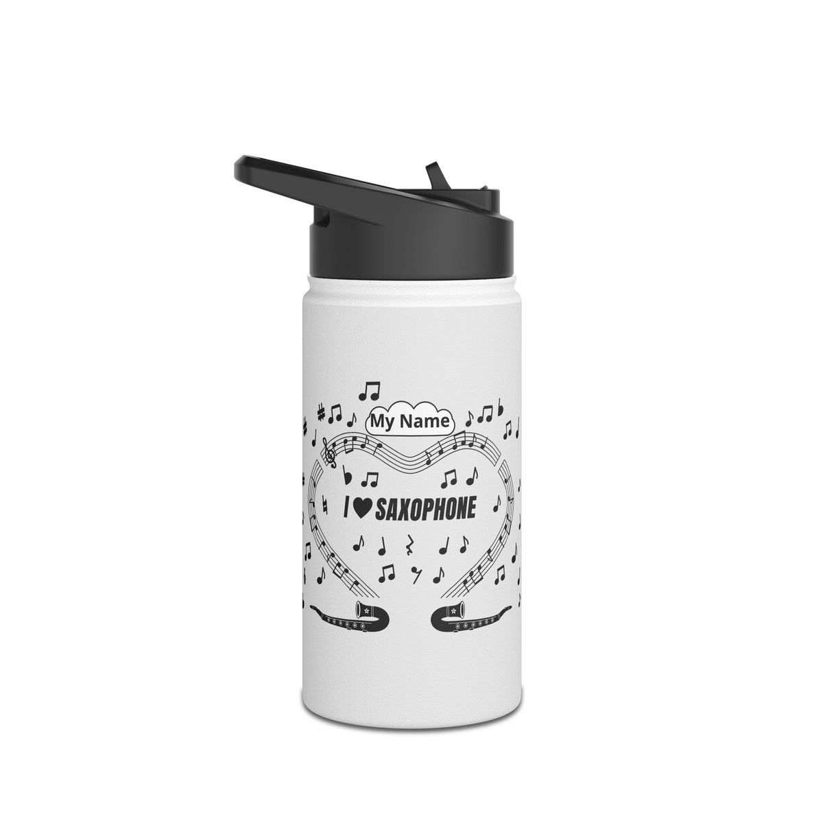 Music-themed Stainless Steel Water Bottle, Standard Lid: 'I love saxophone' - black on white