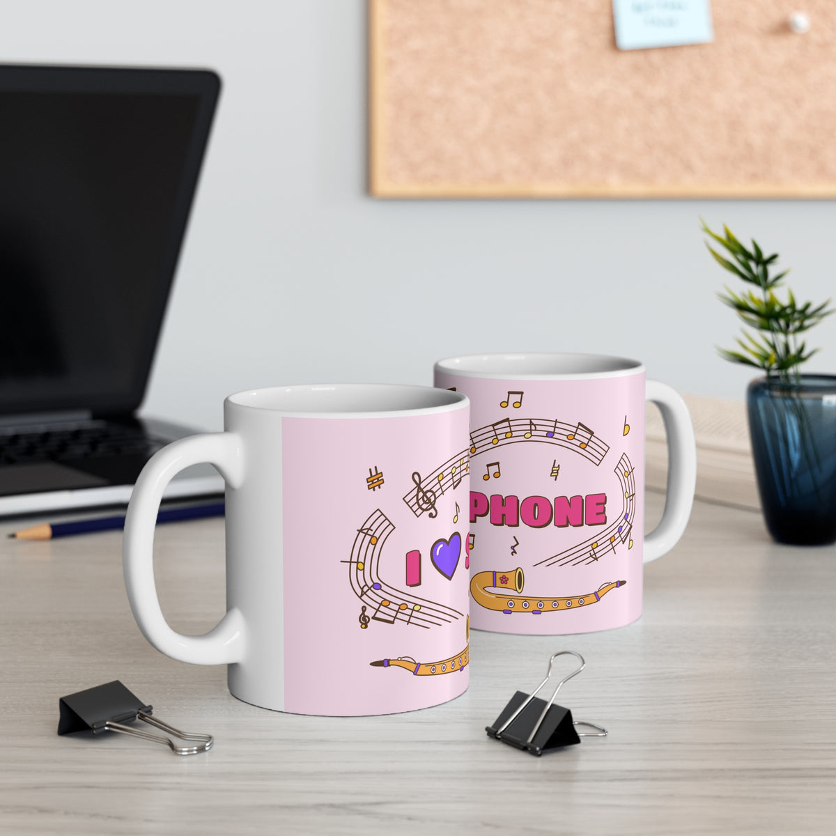 Music-themed Ceramic Mug, 11oz, 15oz: 'I love saxophone' - pink