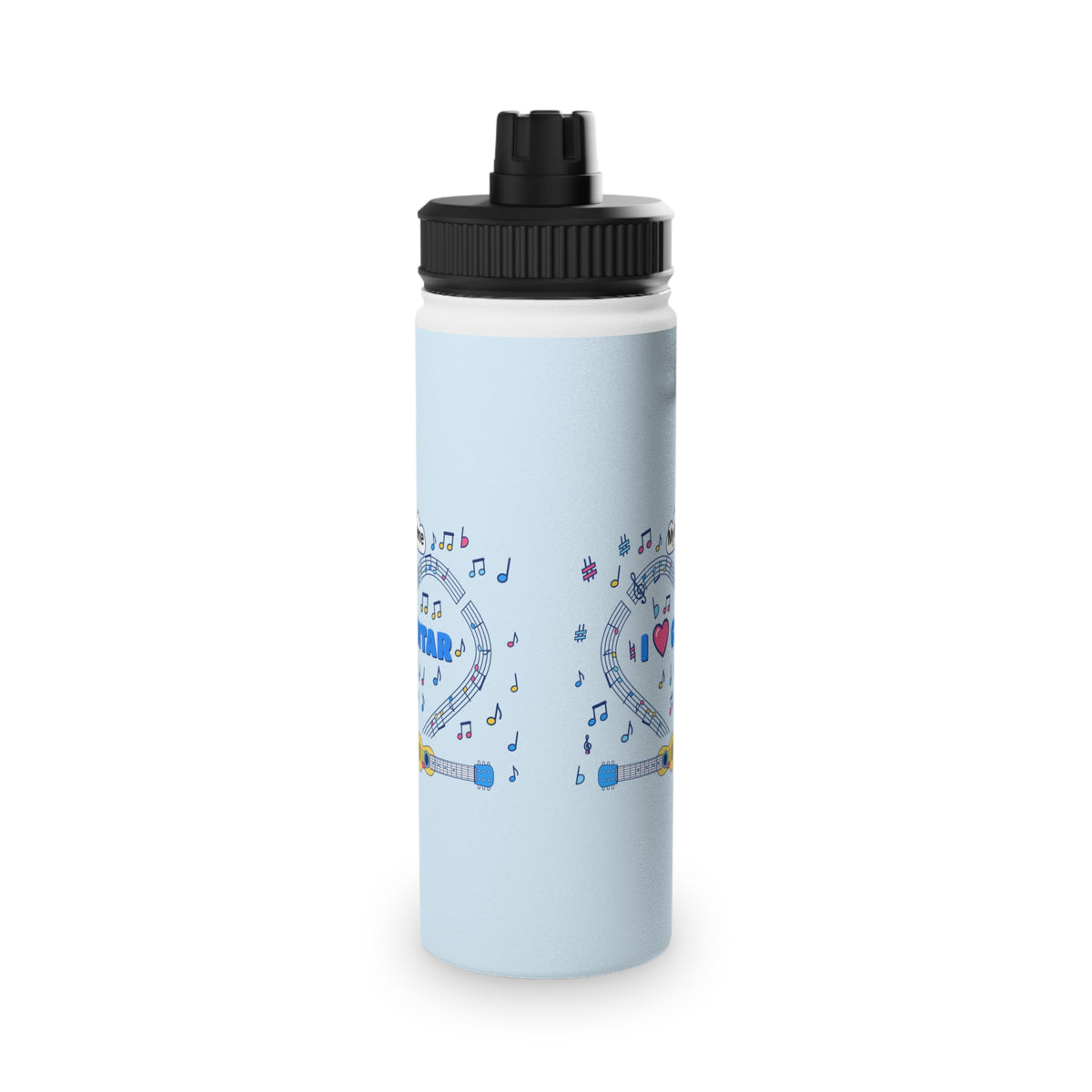 Music-themed Stainless Steel Water Bottle, Sports Lid: 'I love guitar' - blue