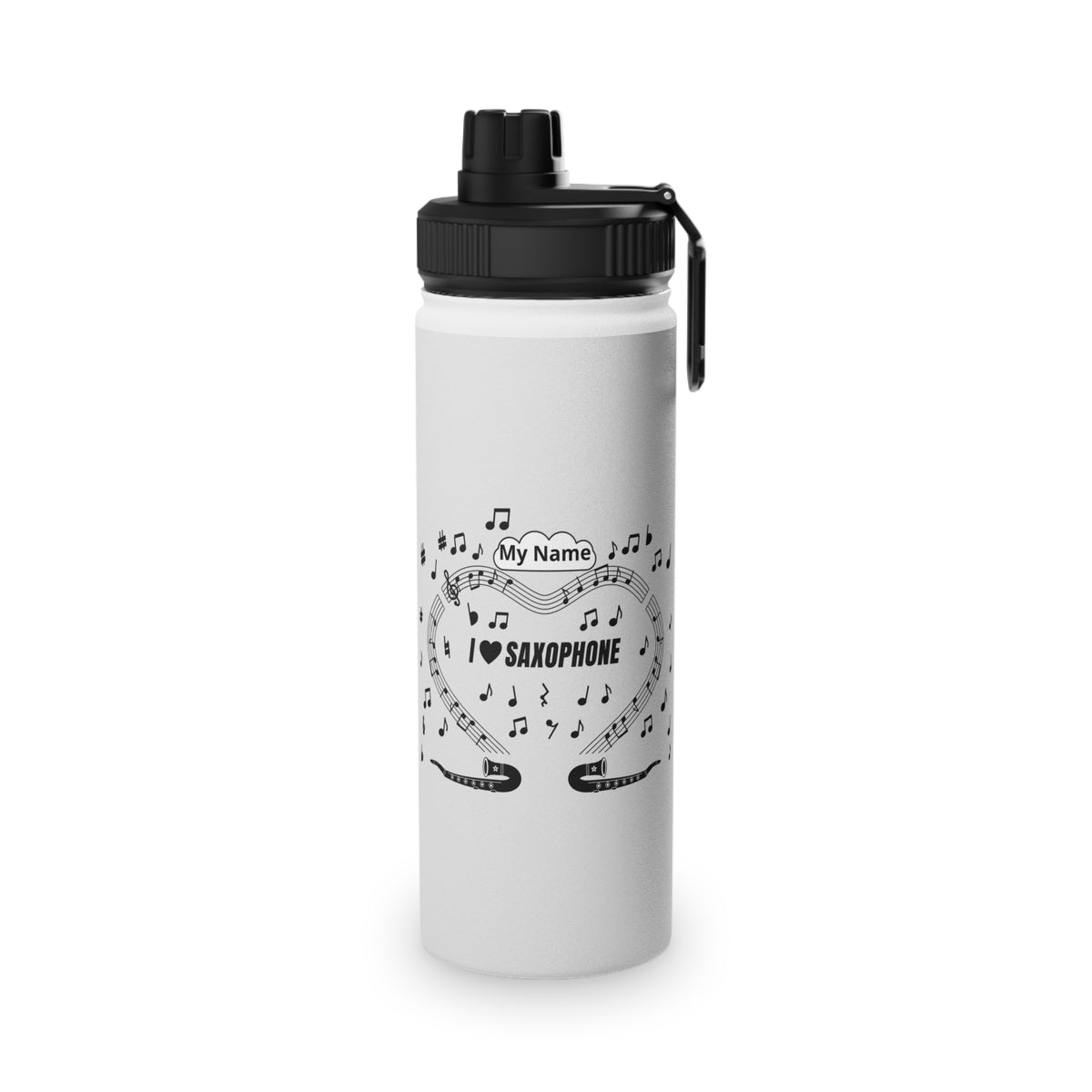 Music-themed Stainless Steel Water Bottle, Sports Lid: 'I love saxophone' - black on white
