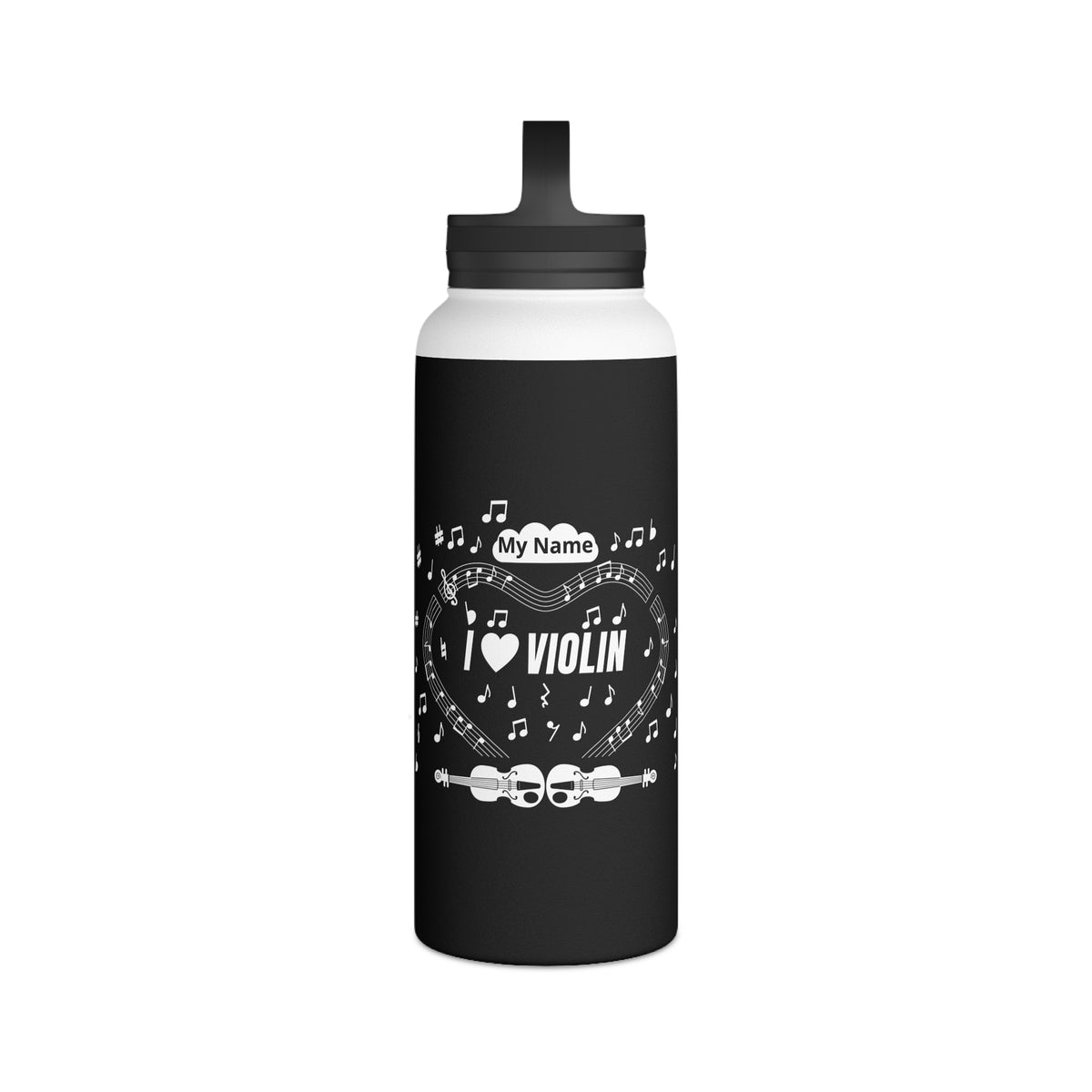 Music-themed Stainless Steel Water Bottle, Handle Lid: 'I love violin' - black & white