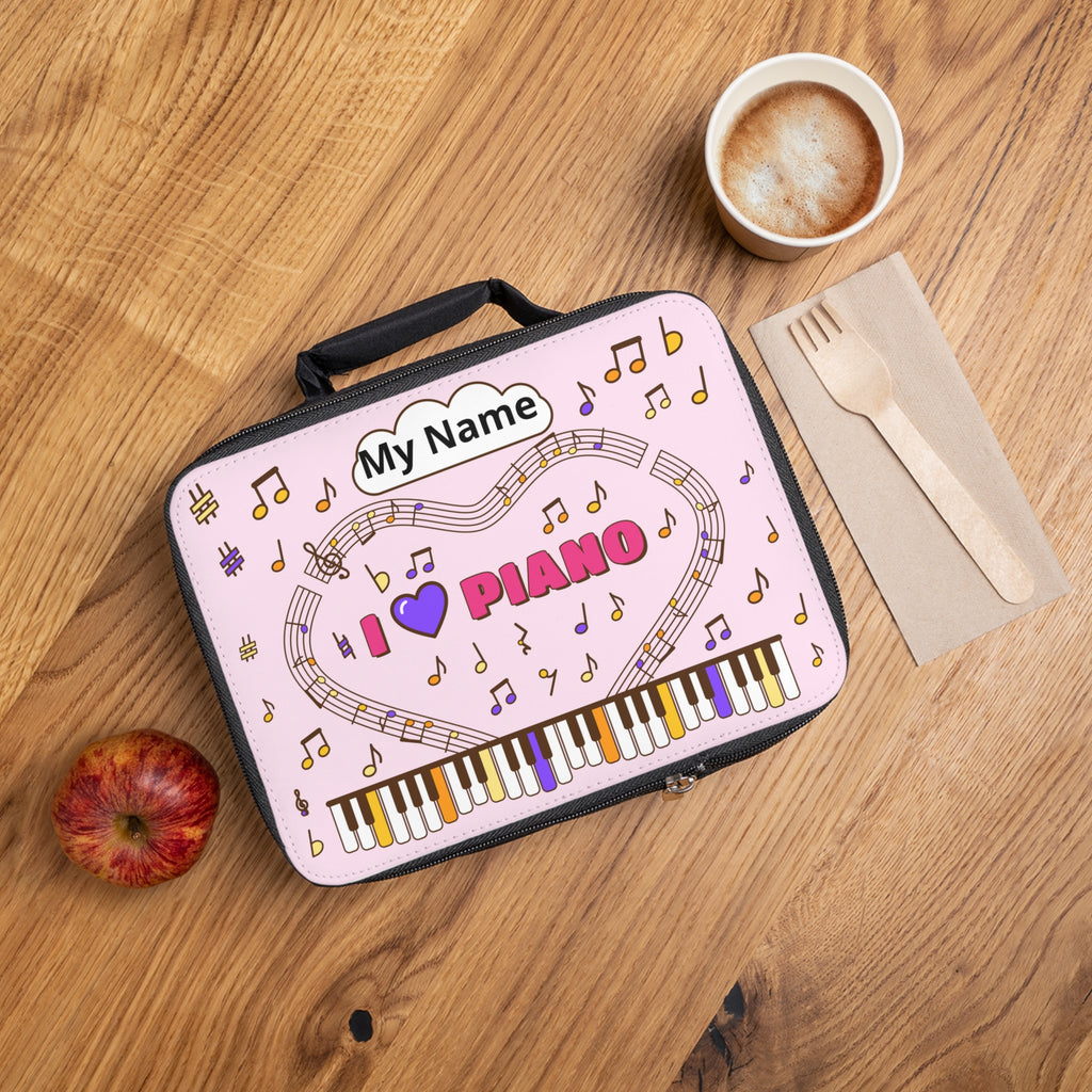 Music-themed Lunch Bag: 'I love piano' - pink
