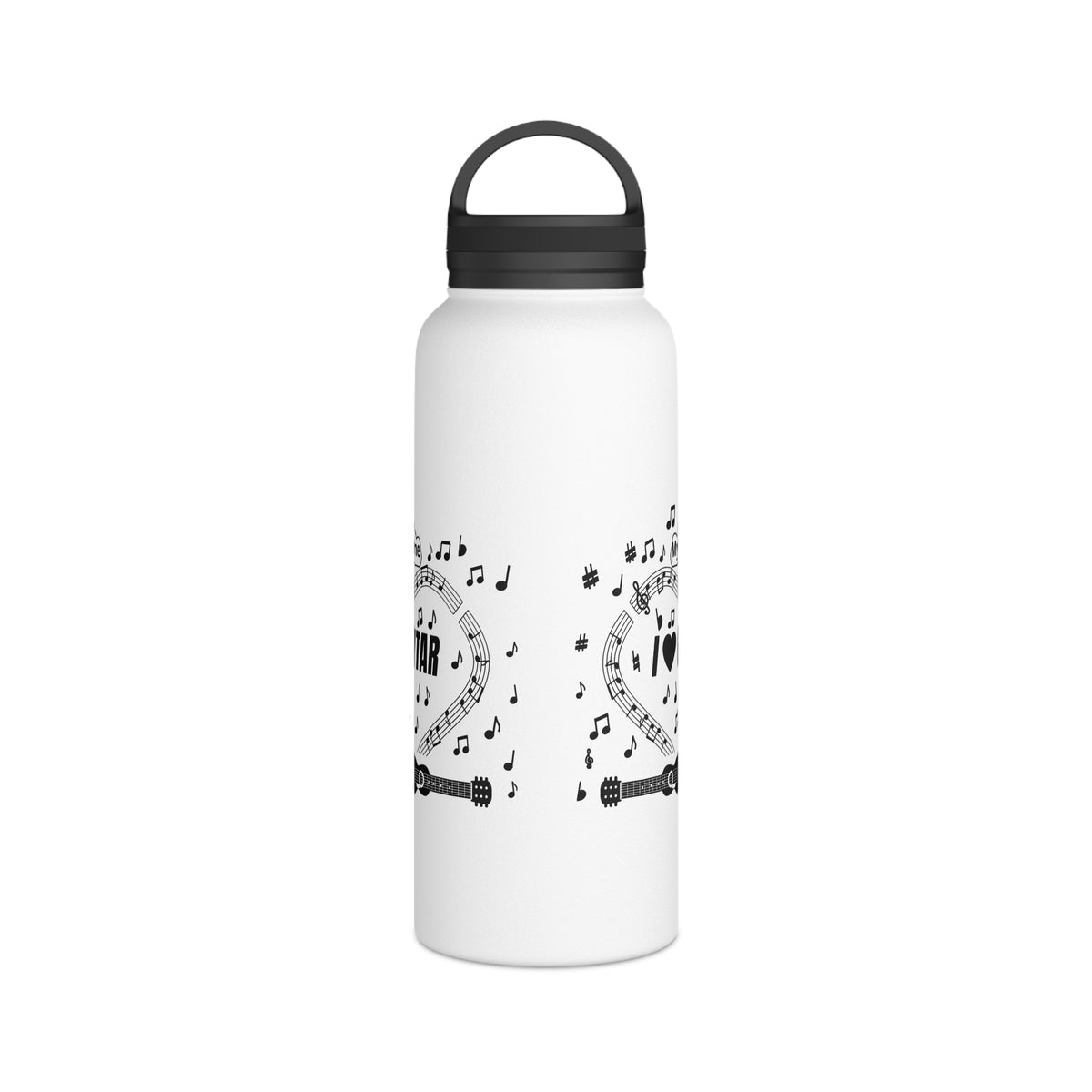 Music-themed Stainless Steel Water Bottle, Handle Lid: 'I love guitar' - black on white