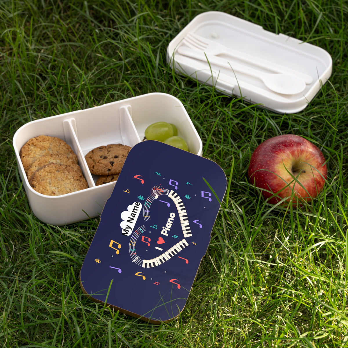 Music-themed Bento Lunch Box: 'I love piano' heart - navy