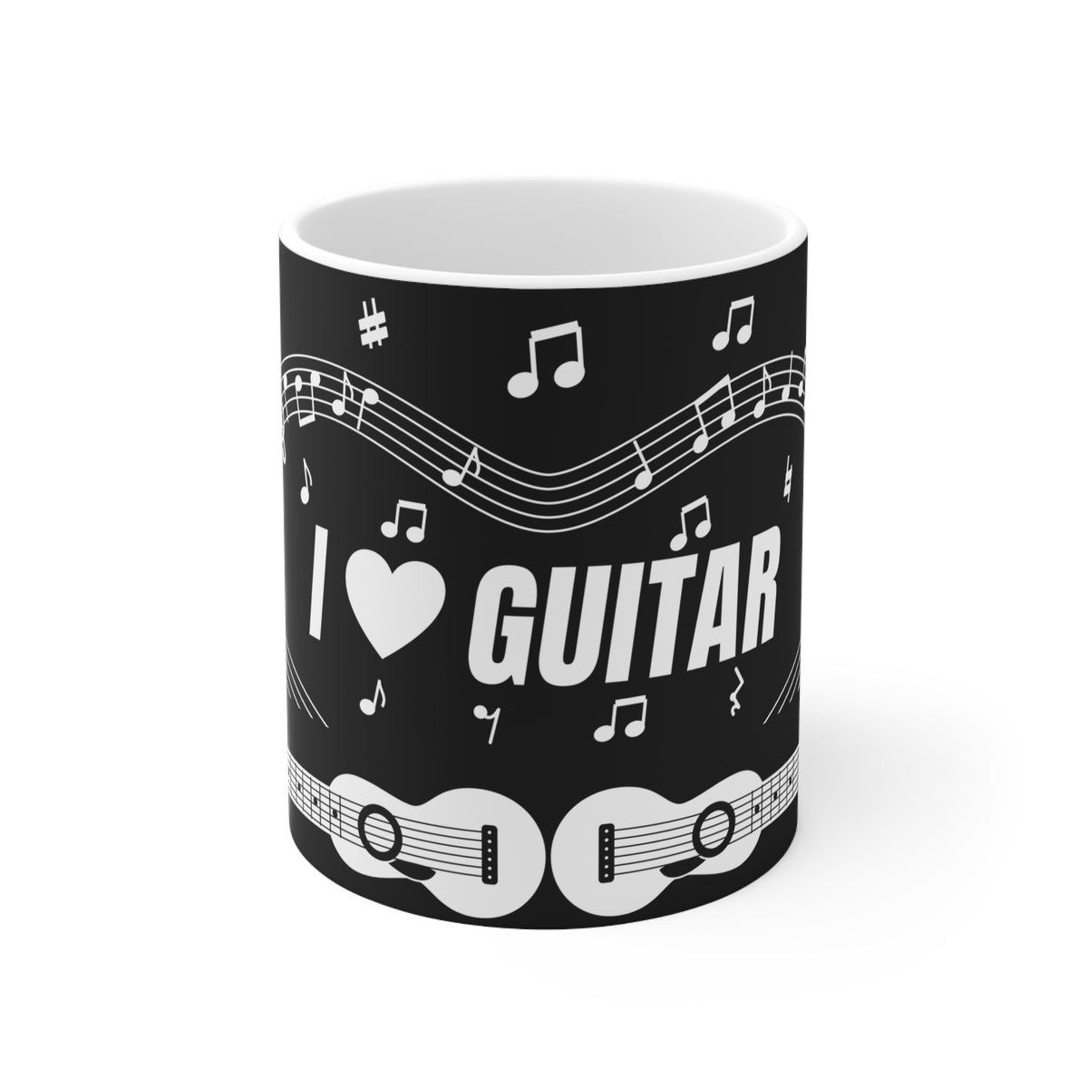 Music-themed Ceramic Mug, 11oz, 15oz: 'I love guitar' - black & white
