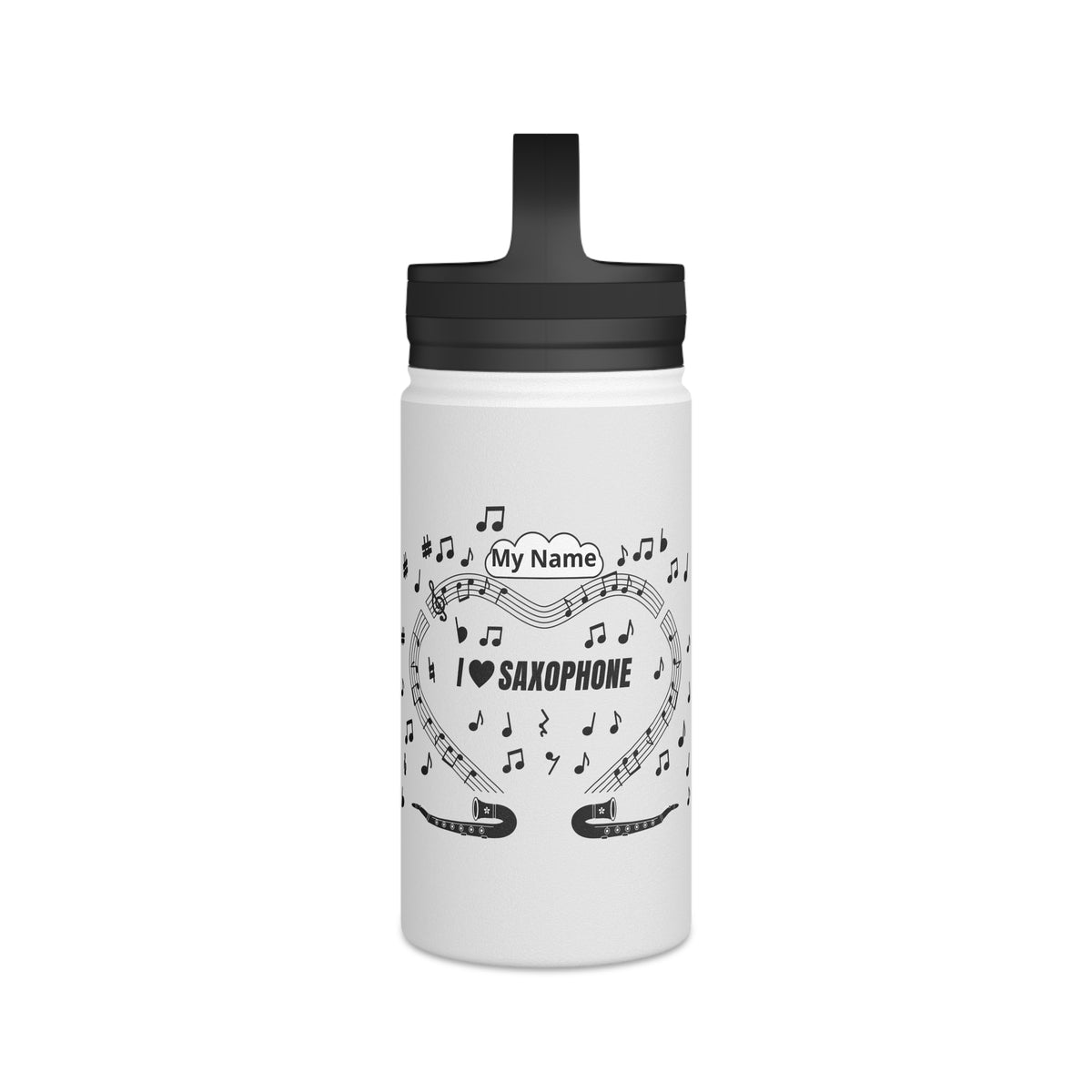 Music-themed Stainless Steel Water Bottle, Handle Lid: 'I love saxophone' - black on white