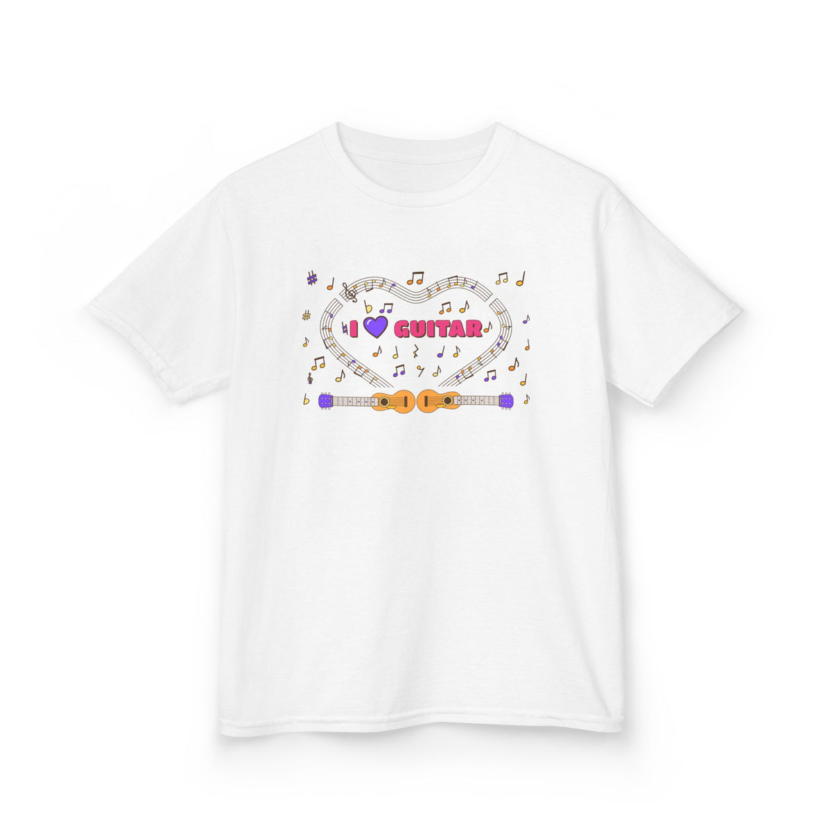 Music-themed Kids Heavy Cotton Tee: 'I love guitar' - pink