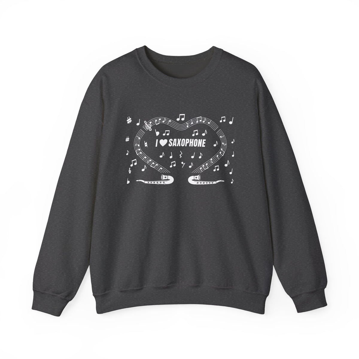 Music-themed Unisex Heavy Blend Crewneck Sweatshirt: 'I love saxophone' - black & white