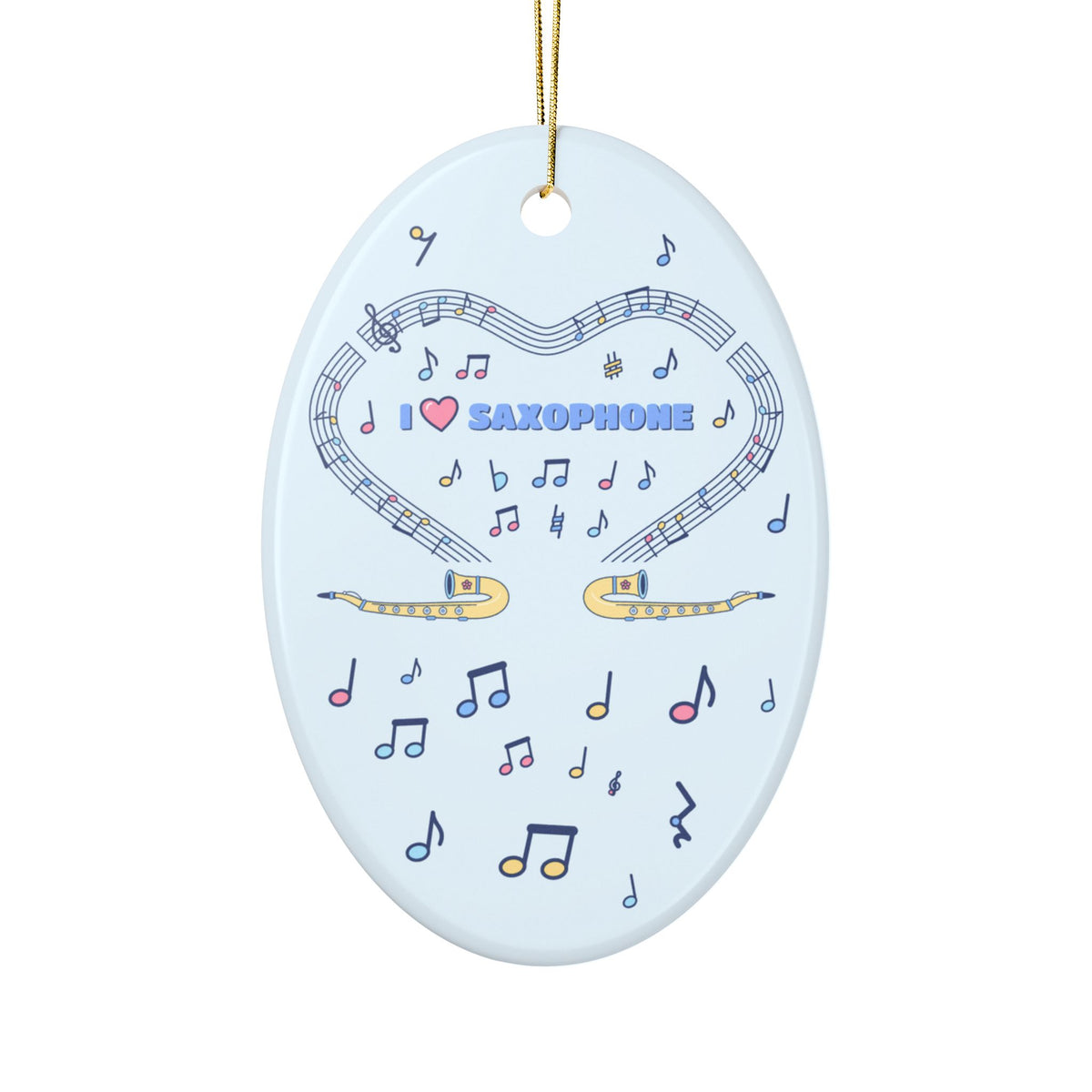 Music-themed Ceramic Ornaments, 1-Side Print: 'I love saxophone' - blue