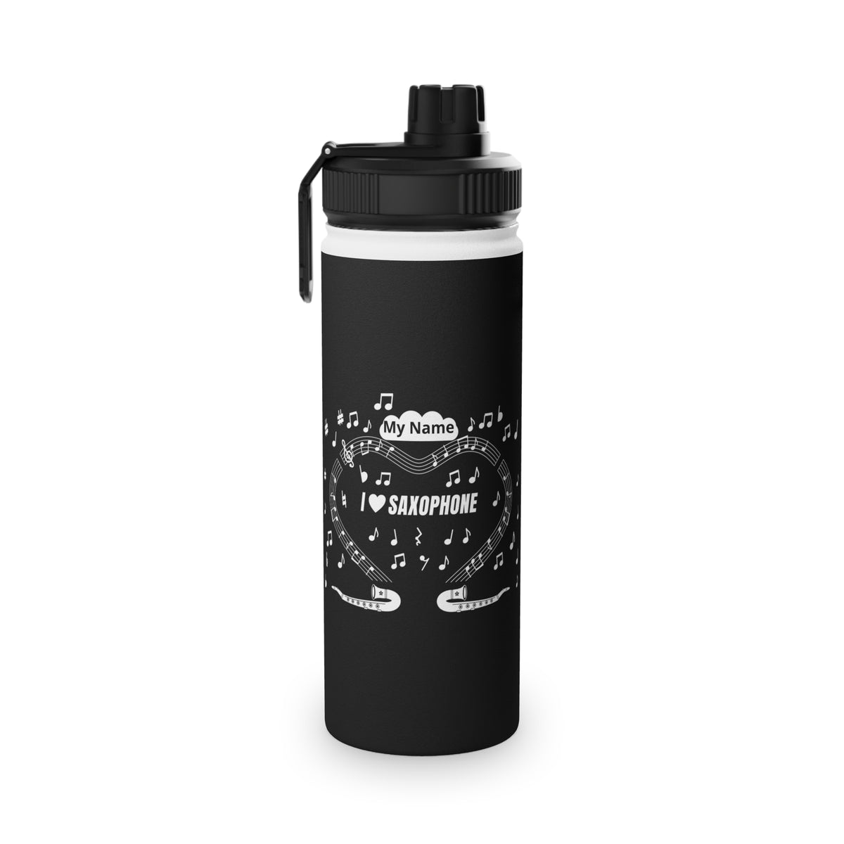 Music-themed Stainless Steel Water Bottle, Sports Lid: 'I love saxophone' - black & white