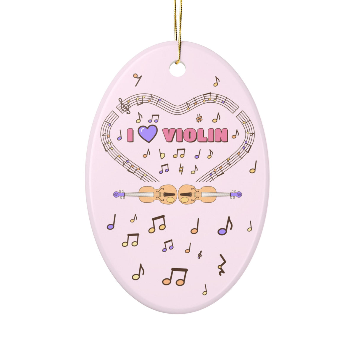 Music-themed Ceramic Ornaments, 1-Side Print: 'I love violin' - pink
