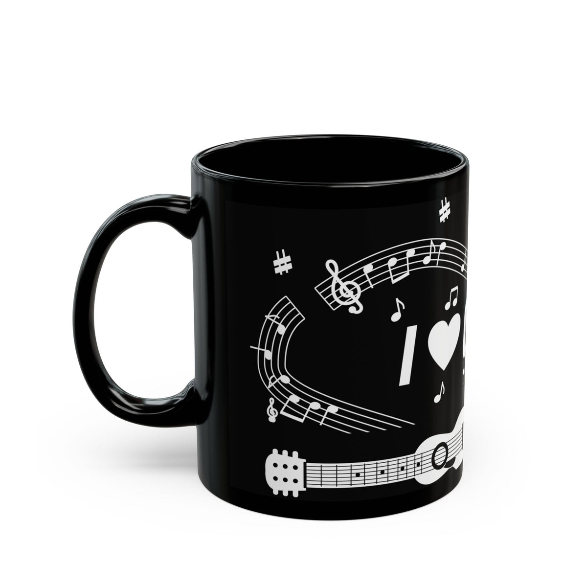 Music-themed Black Mug (11oz, 15oz): 'I love guitar' - black & white
