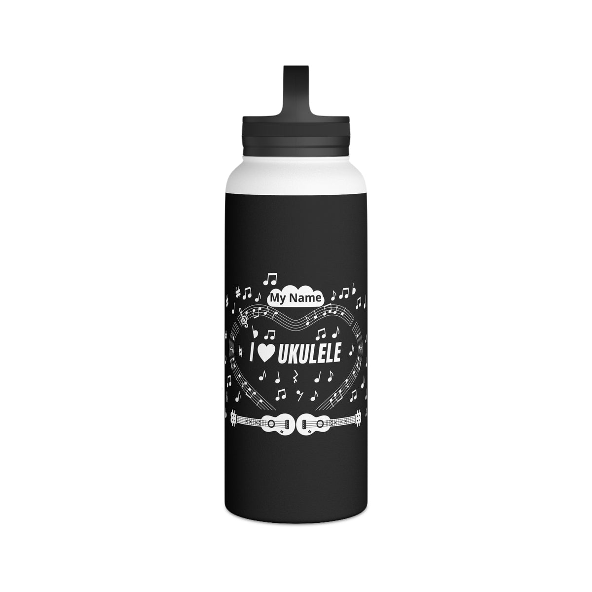 Music-themed Stainless Steel Water Bottle, Handle Lid: 'I love ukulele' - black & white