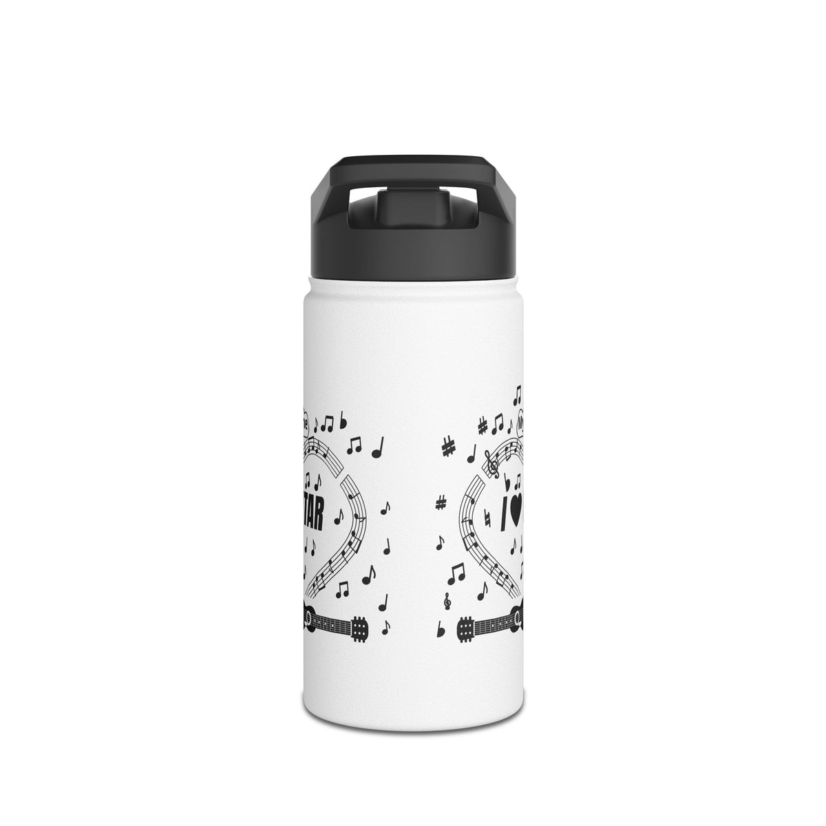 Music-themed Stainless Steel Water Bottle, Standard Lid: 'I love guitar' - black on white
