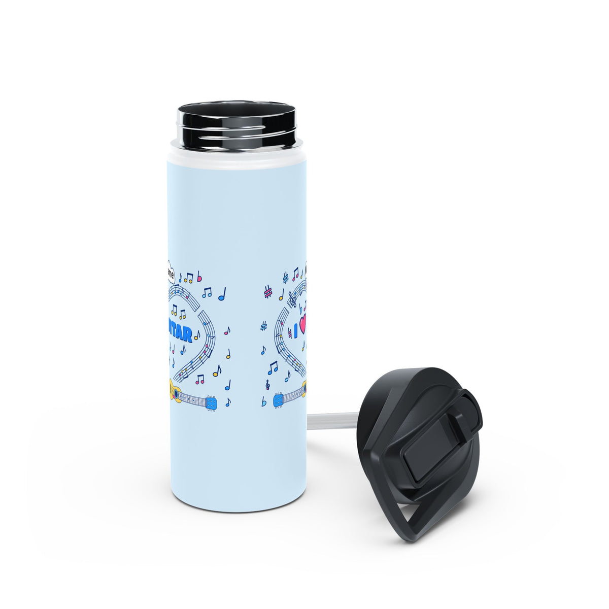 Music-themed Stainless Steel Water Bottle, Standard Lid: 'I love guitar' - blue