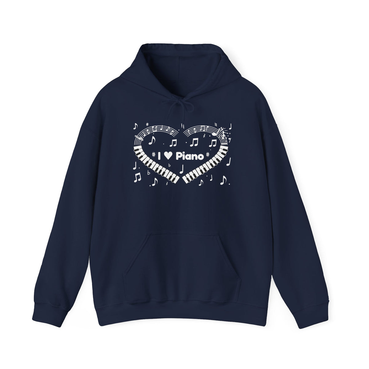 Music-themed Unisex Heavy Blend Hooded Sweatshirt: 'I love piano' heart - black & white