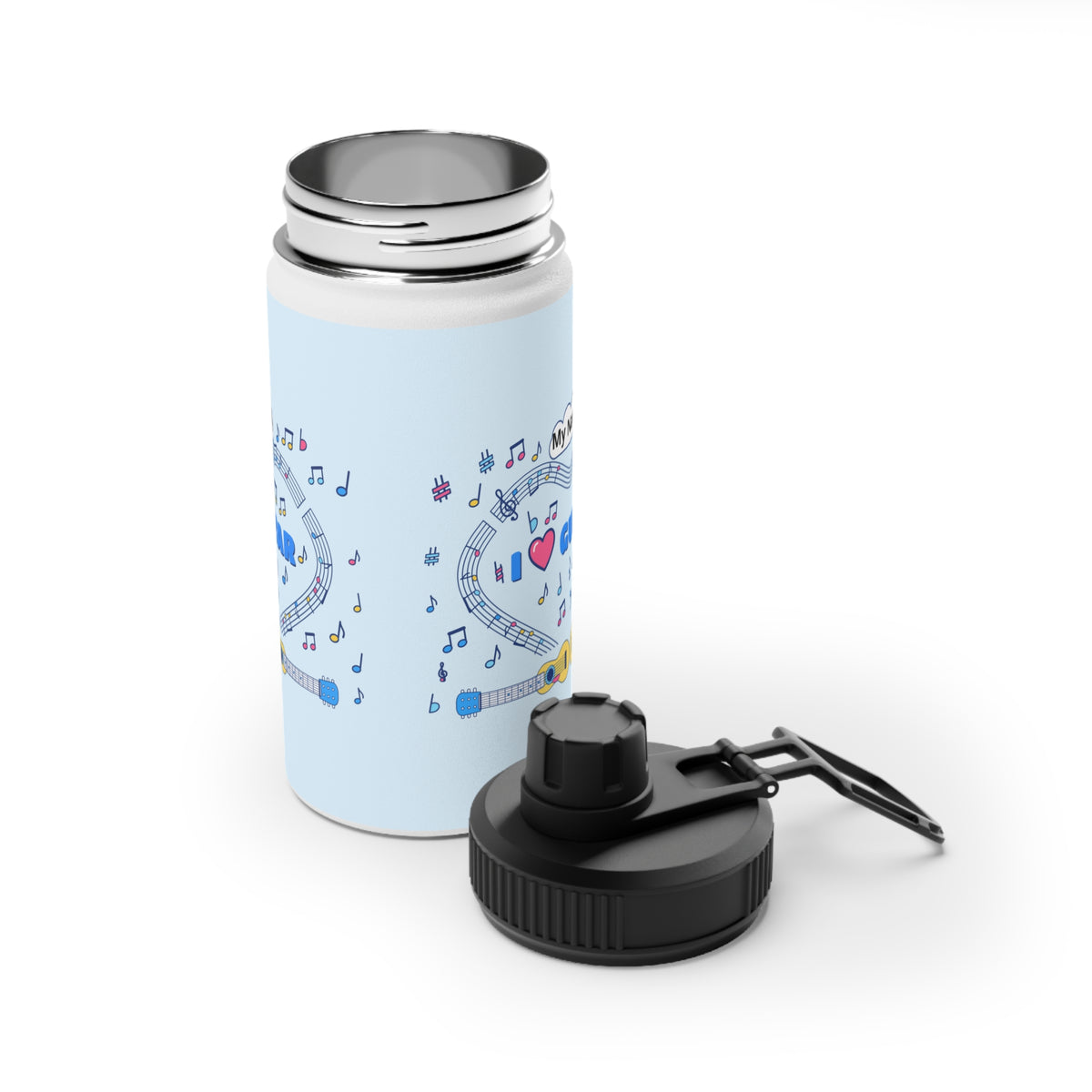 Music-themed Stainless Steel Water Bottle, Sports Lid: 'I love guitar' - blue