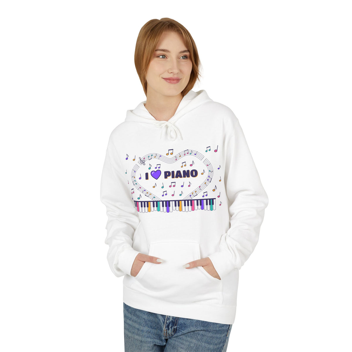 Music-themed Unisex Midweight Softstyle Fleece Hoodie: 'I love piano' - violet