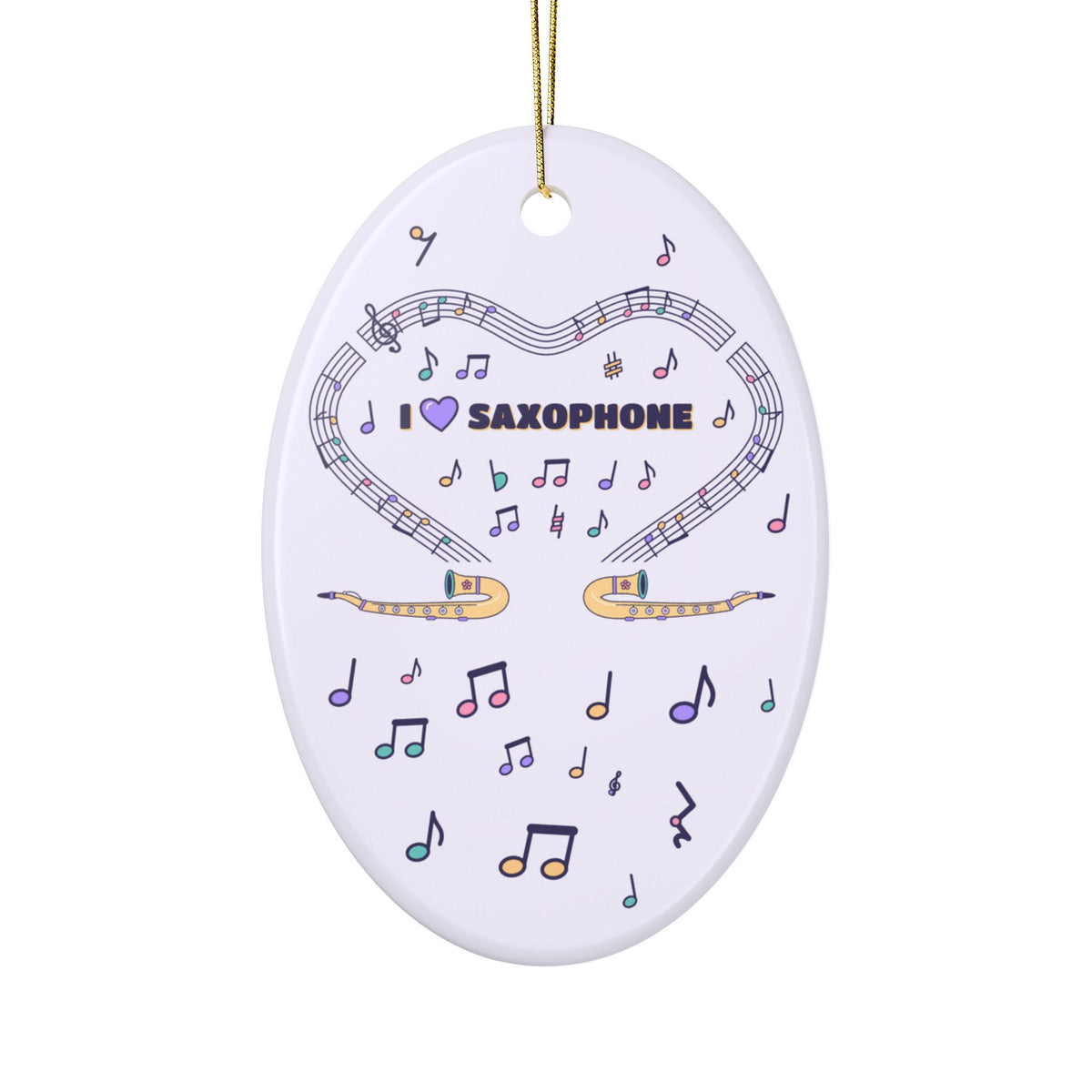 Music-themed Ceramic Ornaments, 2-Side Print: 'I love saxophone' - violet