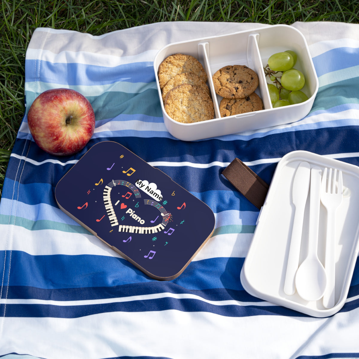 Music-themed Bento Lunch Box: 'I love piano' heart - navy
