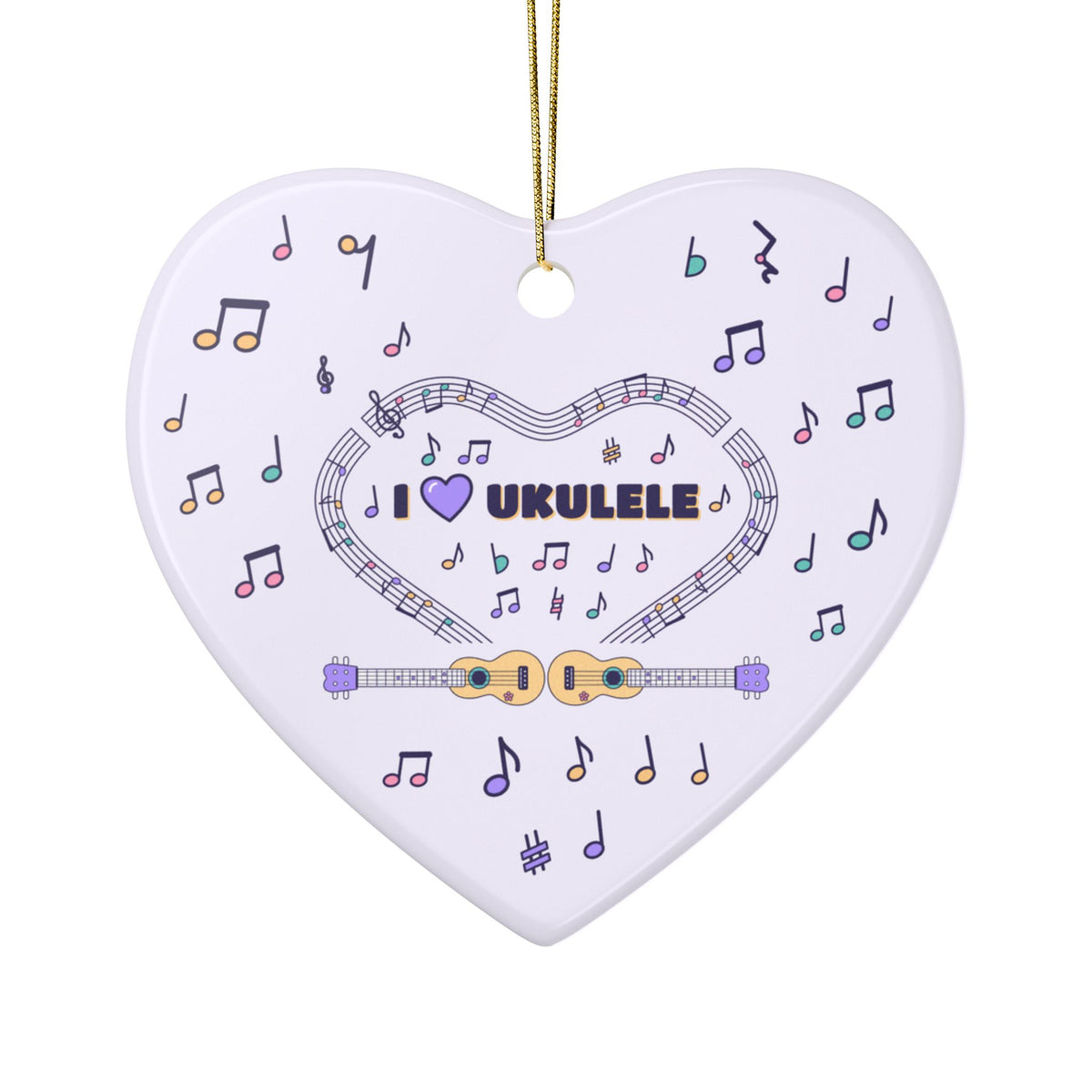 Music-themed Ceramic Ornaments, 2-Side Print: 'I love ukulele' - violet