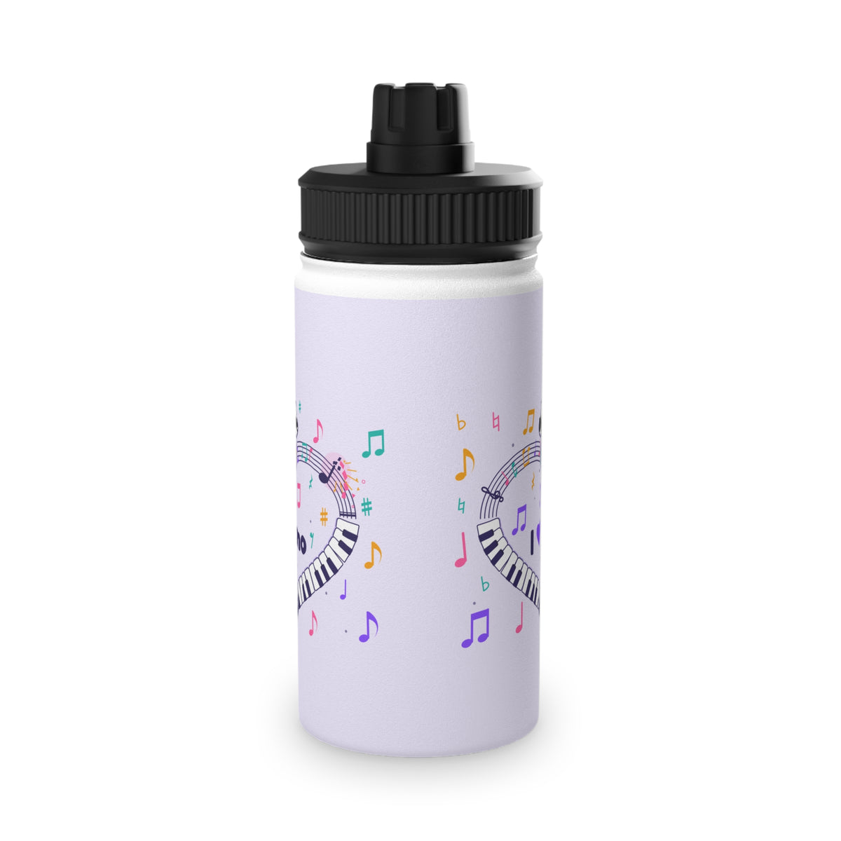 Music-themed Stainless Steel Water Bottle, Sports Lid: 'I love piano' heart - violet