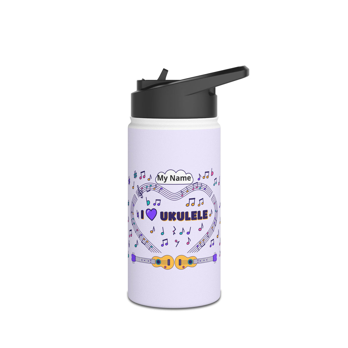 Music-themed Stainless Steel Water Bottle, Standard Lid: 'I love ukulele' - violet