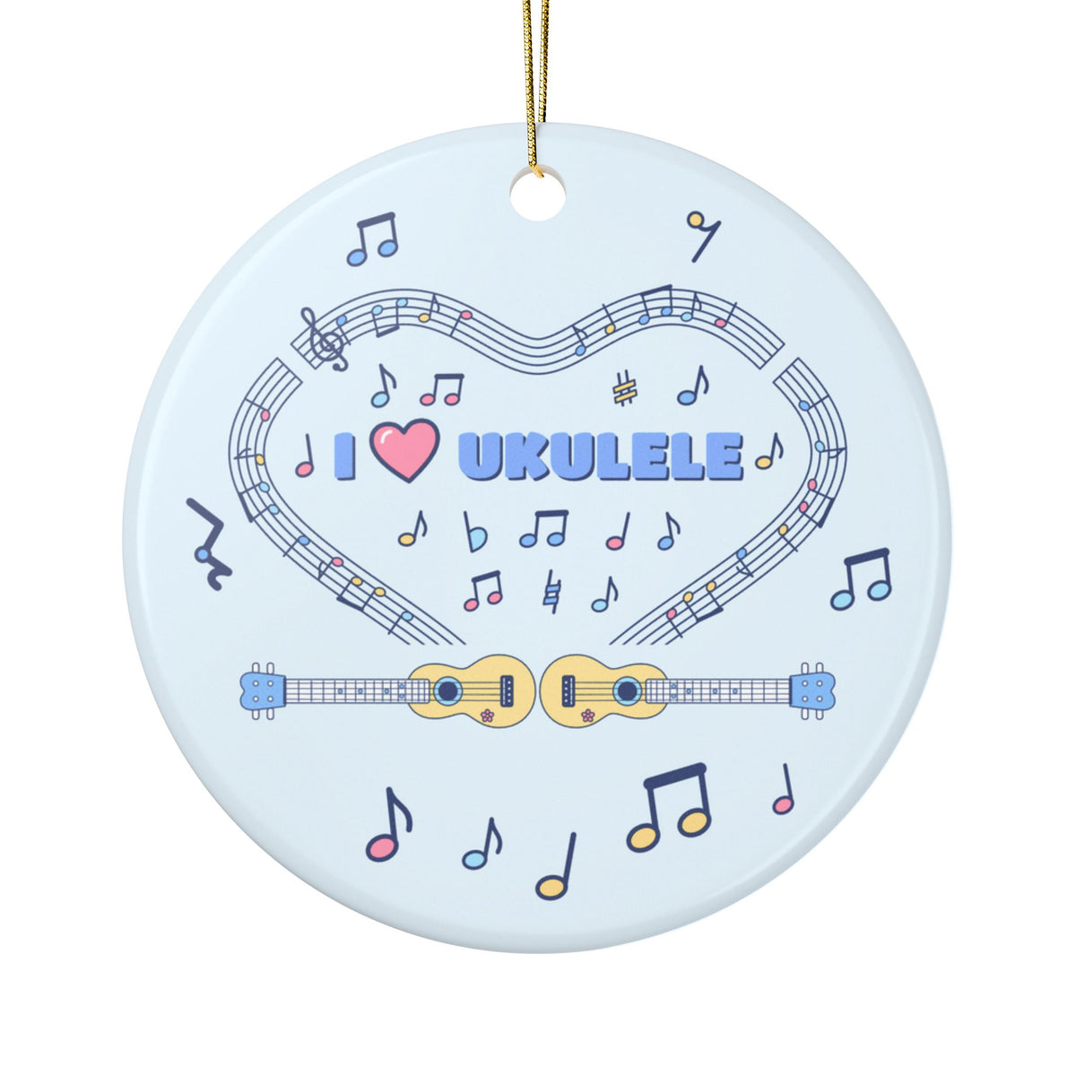 Music-themed Ceramic Ornaments, 2-Side Print: 'I love ukulele' - blue