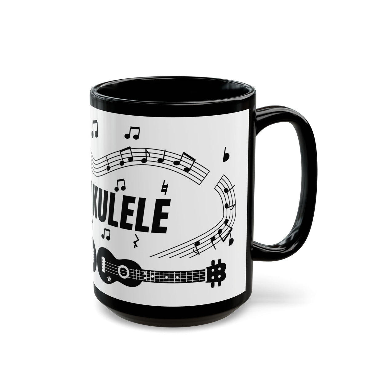 Music-themed Black Mug (11oz, 15oz): 'I love ukulele' - black on white