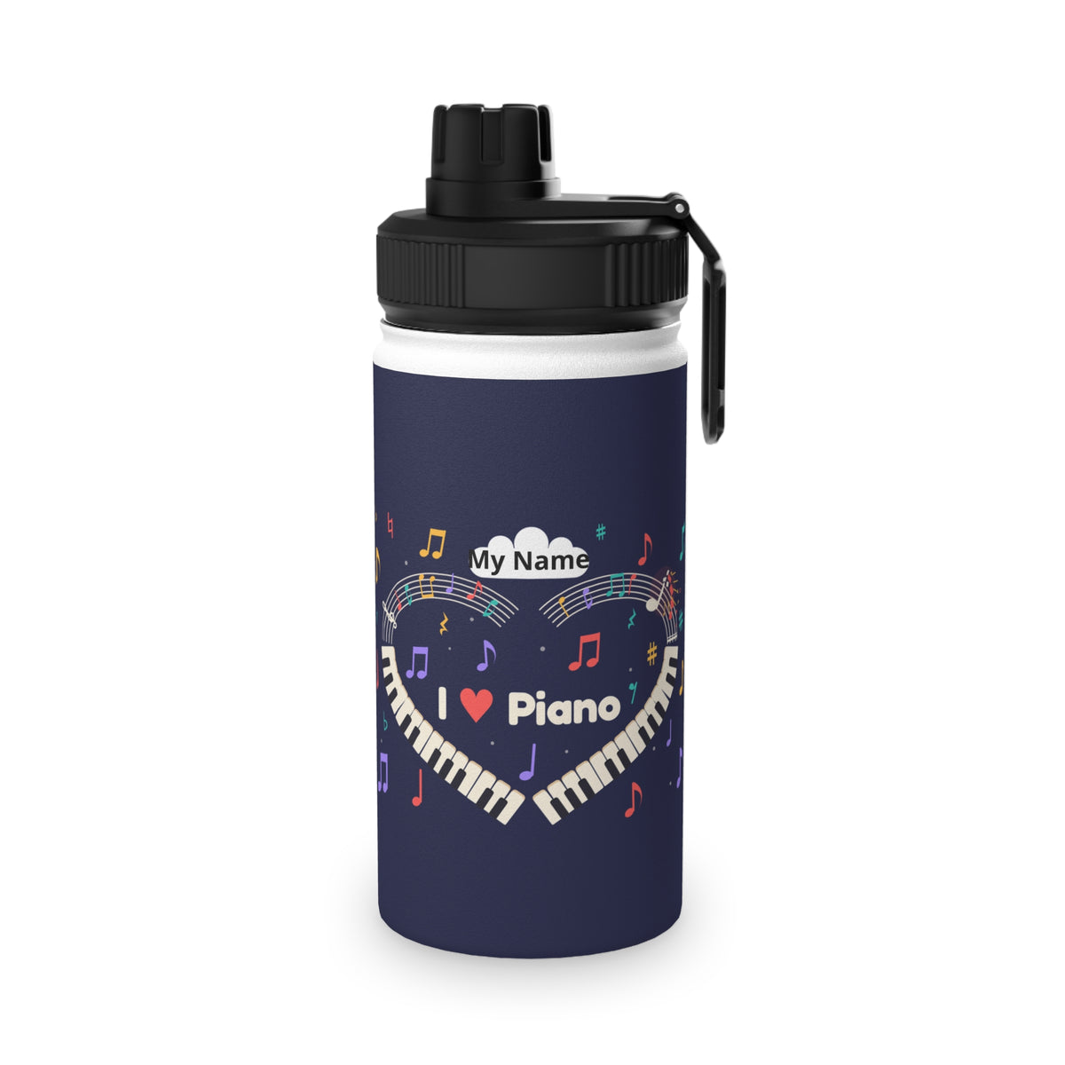 Music-themed Stainless Steel Water Bottle, Sports Lid: 'I love piano' heart - navy