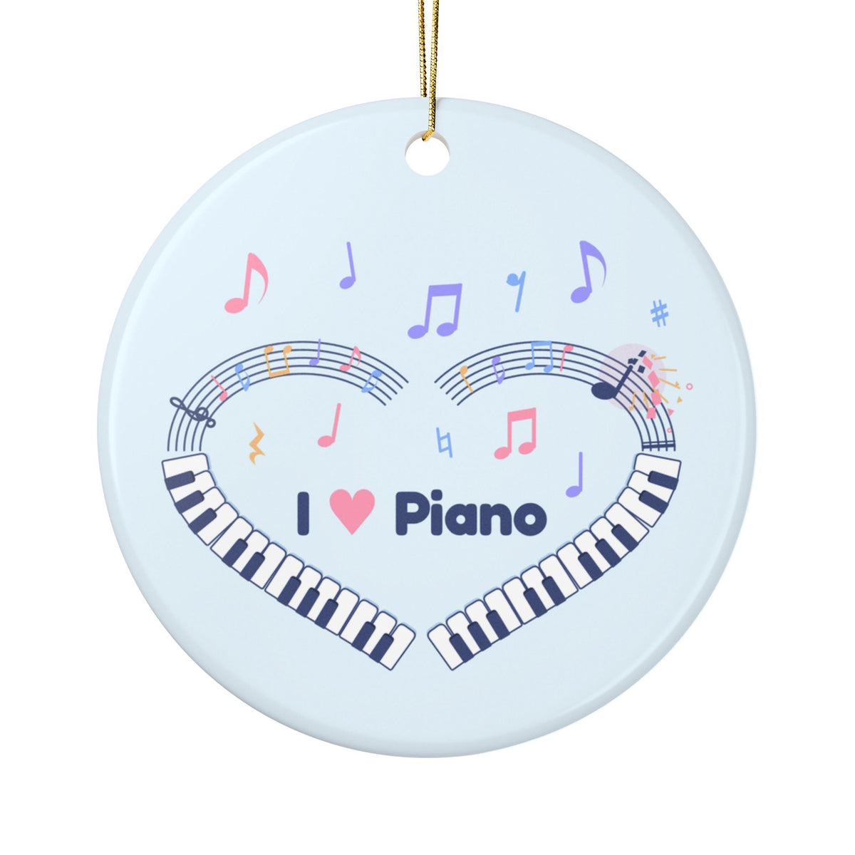 Music-themed Ceramic Ornaments, 1-Side Print: 'I love piano' heart - blue